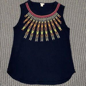 JCrew Navy Embroidered Tank in Poly Crepe Office